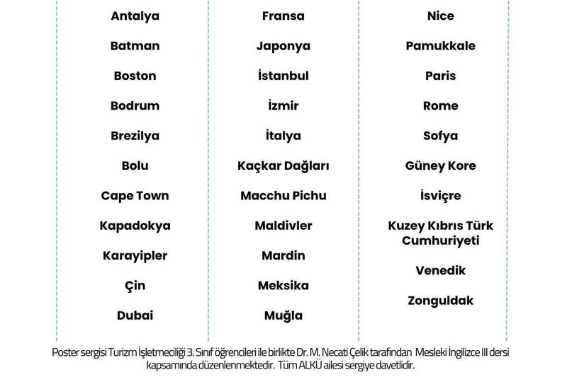 Mesleki İngilizce III Dersi Turizm Destinasyonları Seyahat Posteri Sergisi